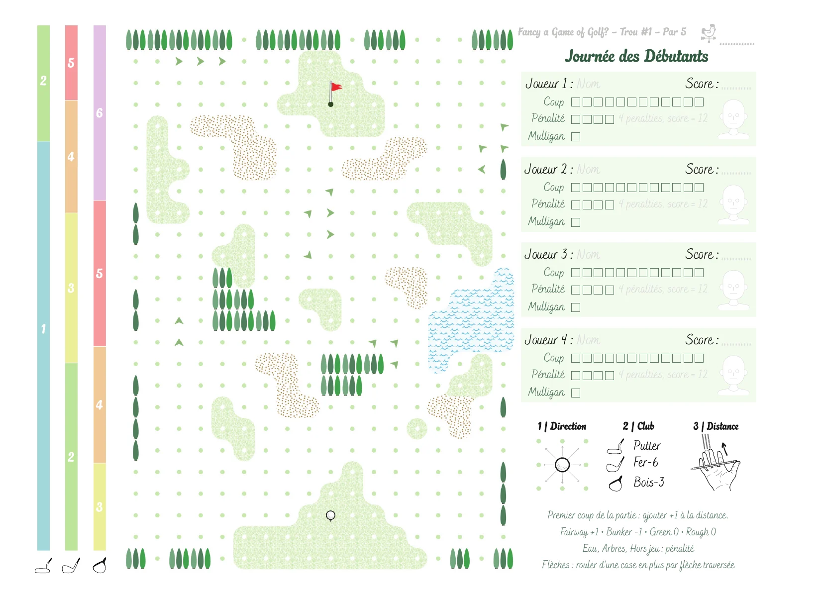Page de jeu du trou n°1, Journée des Débutants : parcours dessiné à la main, fiches de score pour quatre joueurs et rappel des règles