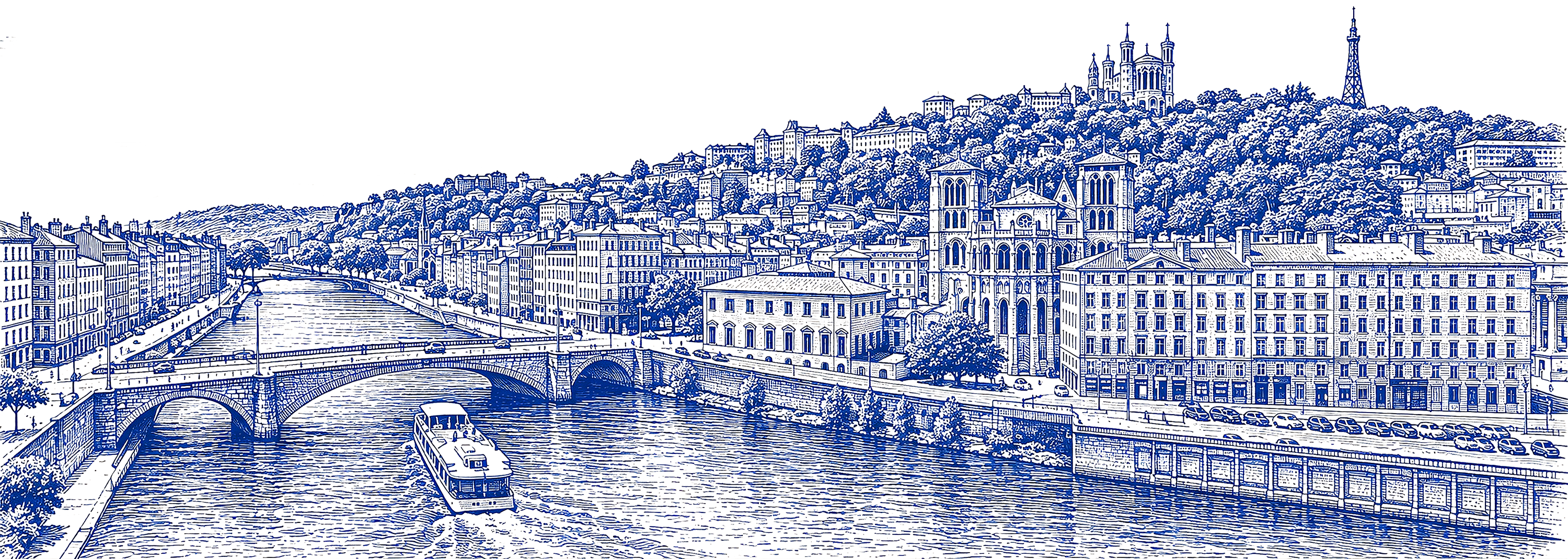 Panorama de Lyon dessiné à la plume : la Saône, ses quais, la cathédrale Saint-Jean et la colline de Fourvière